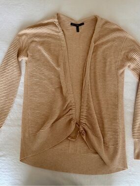 White House Black Market Beige Ribbed Open-Front Cardigan with Front Tie